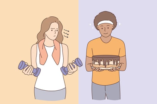 Active lifestyle or eating sweets concept. Young stressed frustrated woman in sportswear with dumbbels cartoon character standing looking at chocolate cake in boys hands vector illustration
