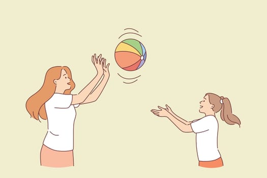 Motherhood and summer activities concept. Female mother and daughter cartoon characters playing bal outdoors in summer together having fun vector illustration