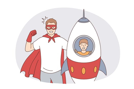 Happy fatherhood and childhood concept. Happy smiling father man in superhero costume and his son in toy rocket playing looking at camera feeling excited together vector illustration