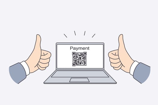 Electronic payment with qr code concept. Hands of man showing thumbs up sign with electronic payment and qr code for transaction on laptop screen vector illustration
