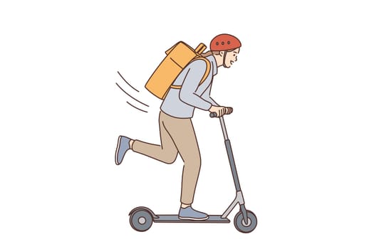 Riding scooter and having fun concept. Young positive lady cartoon character in helmet with backpack riding scooter and feeling excited of freedom vector illustration