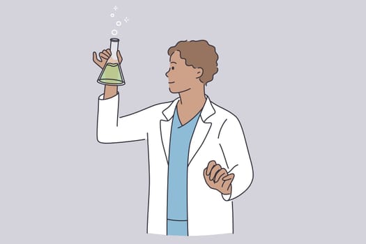 Scientific research and chemistry concept. Young positive scientist chemist in working uniform cartoon character standing conducting scientific experiments in laboratory vector illustration