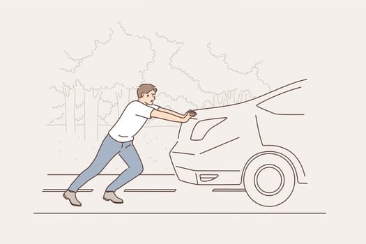 Car breakdown and service concept. Tired young man cartoon character pushing broken damaged car vehicle on road to service repairing vector illustration