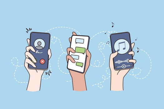 Technology, internet, wireless communication concept. Hands of people holding smartphones with various applications on screens vector illustration