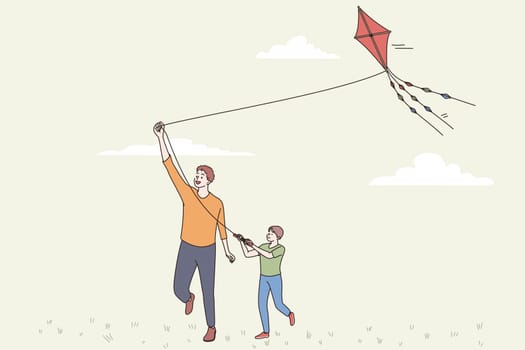 Happy fathers day and leisure concept. Smiling positive man parent dad and his son playing with flying kite together outdoors on sunny summer day vector illustration