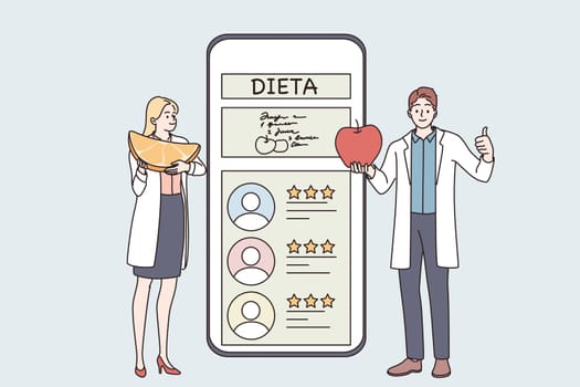 Nutritionist online service consultation concept. Young doctors nutritionists standing making Diet plan with healthy food and physical activity during Online consultation Vector illustration