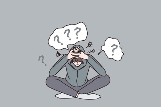 Depression and mental disorder concept. Young depressed sad frustrated teen sitting touching head having questions and problems in mind vector illustration