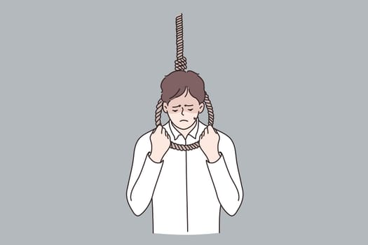 Depression, thinking of suicide concept. Sad depressed young businessman thinking about suicide by hanging having suicidal thoughts vector illustration