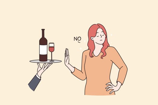 Healthy lifestyle and avoiding alcohol concept. Young Woman standing saying no to alcohol refusing of glass of wine with raised hand vector flat illustration