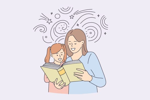 Happy childhood and spending time with children concept. Smiling happy mother and her daughter cartoon characters reading book together vector illustration