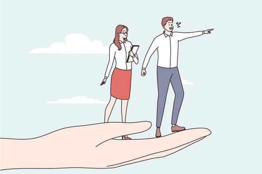 Business opportunities, development, career concept. Young man and woman business people standing at human hand looking forward achieving goal vector illustration