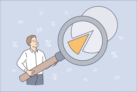 Science Statistics or project presentation concept. Young businessman cartoon character standing analyzing data making analysis Information through magnifier, vector Illustration