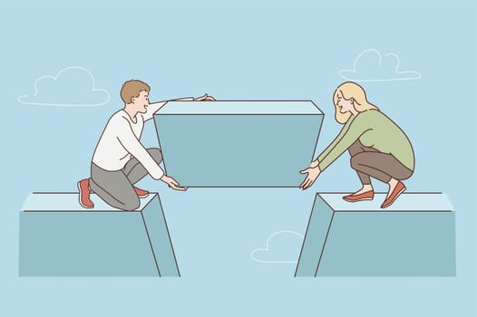 Teamwork and uniting efforts concept. Young man and woman partners sitting and putting missing detail to broken bridge as team vector illustration
