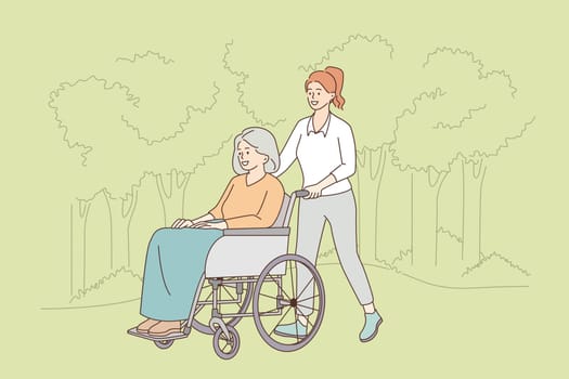 Taking care of disabled elderly people concept. Young smiling lady going and riding positive mature woman on wheelchair disabled person outdoors on summer day vector illustration