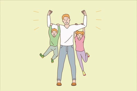 Happy parenthood and childhood concept. Young smiling man father dad cartoon character standing holding happy children son and daughter on hands vector illustration
