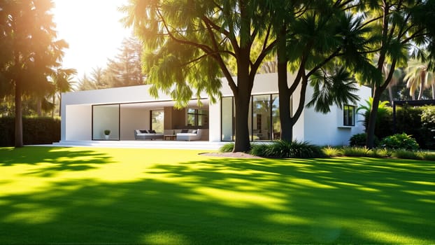 The modern individual residential house is surrounded by a well-groomed beautiful lawn. High quality photo
