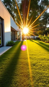 The modern individual residential house is surrounded by a well-groomed beautiful lawn. High quality photo