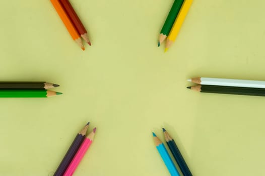 Color pencil background photography. Multi colored pencil pointing image backgrounds. Copy Space