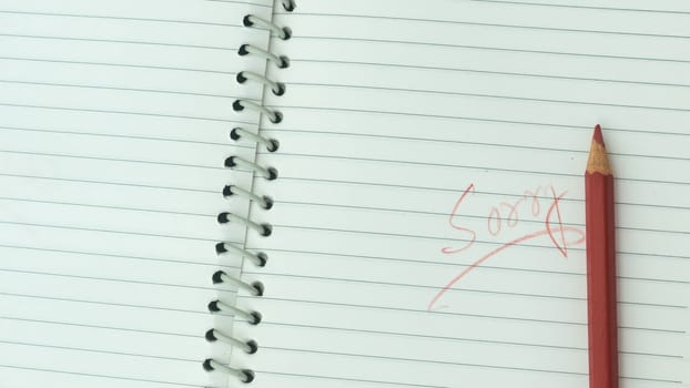 Sorry written on open notebook. Closeup. Mistake learning, blooper, regret sayings in love relationship friendship background. Feelings, apology, reconciliation, misunderstanding concept.