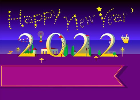 Yellow text Happy New Year with stars in the sky. Number 2022 is as a white houses with red doors, roofs and green trees. Night sea and beach background. Big banner for custom text. Illustration