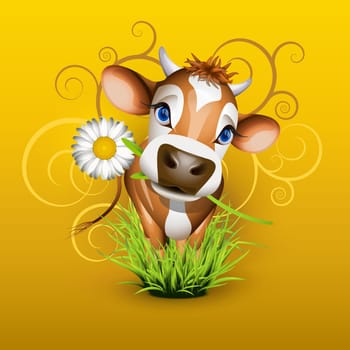 Cute Jersey cow in green grass over gold