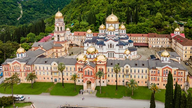 Top view of Orthodox monastery in Novy Afon, Abkhazia.  Christian temple in New Athos. Photo from above.