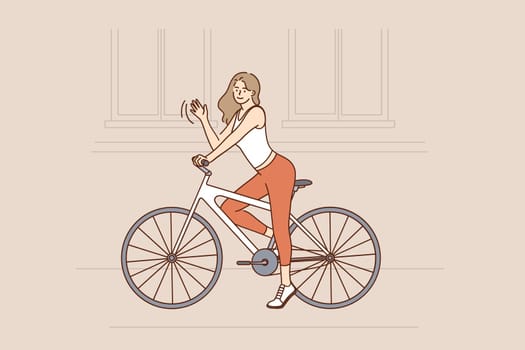 Riding Bike and street activities concept. Smiling pretty hipster slim girl with long brown hair riding fixed gear bicycle and waving hand vector illustration
