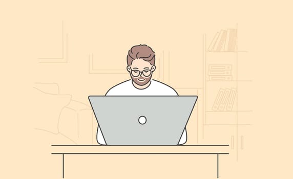 Modern technologies and working in office concept. Young positive bearded man cartoon character in glasses sitting and working on laptop at home or in office vector illustration