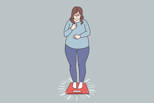 Overweight and Obese people concept. Fat obese sad woman standing on scales having weight problems feeling stressed vector illustration