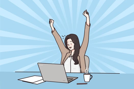 Business success, Celebrating win, positive emotions concept. Smiling happy business woman sitting in chair at desk using laptop celebrating win with hands raised over blue background illustration