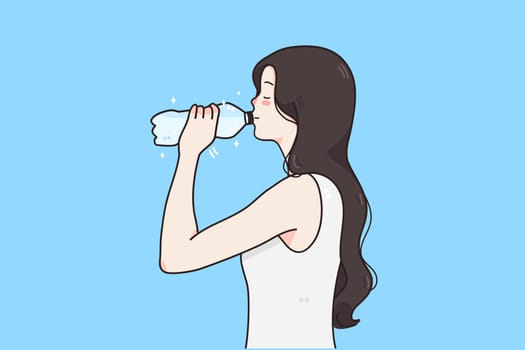 Drinking water and healthy lifestyle concept. Young smiling girl standing and drinking pure clean water from bottle over blue background vector illustration