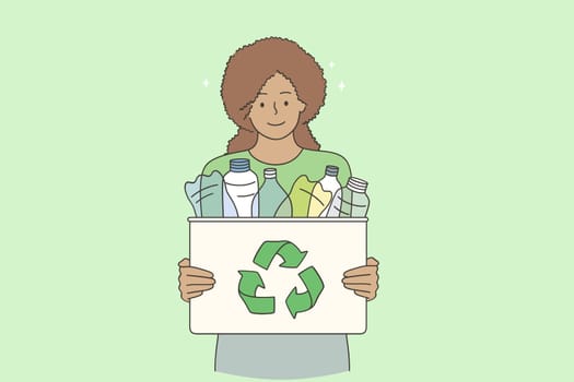 Recycling and sustainable lifestyle concept. Young smiling black woman cartoon character standing holding recycle bin with plastic bottles outdoors vector illustration
