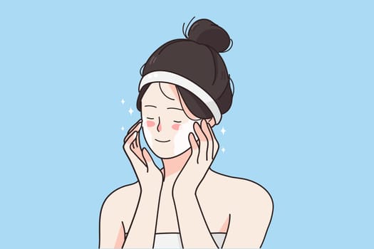 Cosmetics and beauty concept. Face of young smiling pretty woman cartoon character applying moisturizing mask on her face for skincare vector illustration
