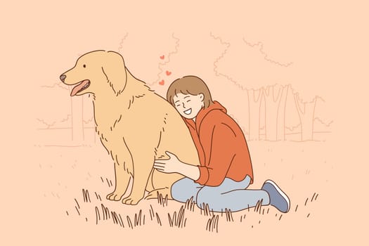 Friendship, children and pets concept. Young smiling girl sitting and embracing pet Labrador during summer walk outdoors on grass in park feeling love vector illustration