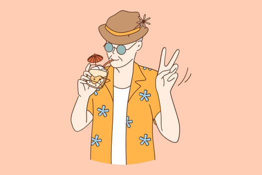 Senior people happy lifestyle concept. Funny and extravagant senior man posing on pink background drinking cocktail having fun partying vector illustration