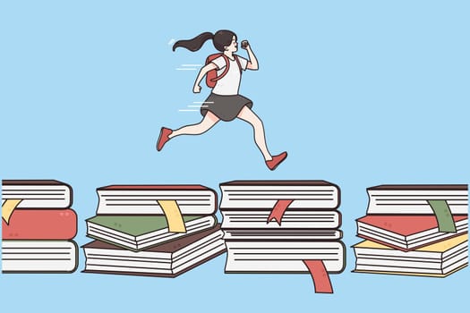 Back to school, education, learning concept. Happy cute girl running on books hurry to school owe blue background vector illustration