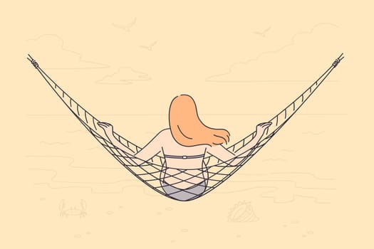 Relaxation and vacation concept. Young woman sitting backwards and having rest in hammock during vacation traveling trip on beach vector illustration