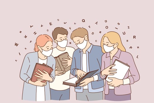 Meeting during coronavirus epidemic concept. Happy young people meeting outdoors wearing medical protective masks during covid-19 pandemic vector illustration