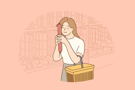 Delicatessen, delicious meat choice concept. Young Happy woman holding salami sausage in hands near face and smiling feeling happy with healthy tasty food choice vector illustration