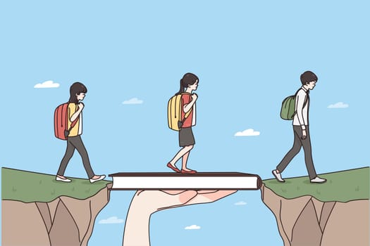 Role of teacher in education concept. Teacher hand holding book bridging gap in primary education for children passing by vector illustration