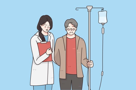 Fighting with cancer and healthcare concept. Elderly man with cancer during chemotherapy recovering from illness in hospital with nurse or doctor walking nearby vector illustration