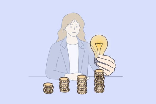 Saving energy and money concept. Young smiling Businesswoman cartoon character sitting at desk holding and putting lightbulb on coins stack on table for saving energy and money vector illustration