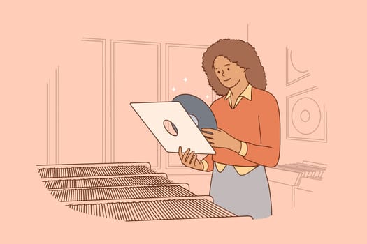 Vintage vinyl records music concept. Young smiling black woman cartoon character standing and holding vinyl record with favourite music in special store vector illustration
