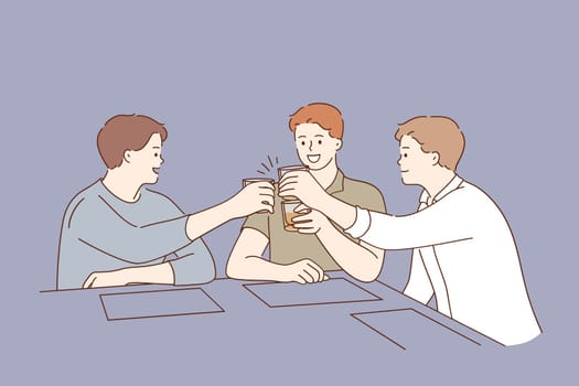 Spending time and having fun in bar concept. Cheerful smiling men holding glasses with alcohol scotch whiskey brandy beverages and laughing in bar together celebrating or having party illustration