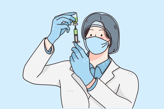 Research of Covid-19 virus vaccine concept. Young woman scientist in medical medical face mask looking at syringe in laboratory doing some research vector illustration