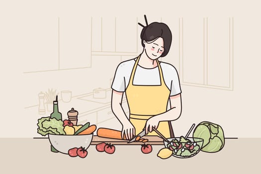 Healthy diet and lifestyle concept. Young smiling female cartoon character in apron standing in kitchen and cutting vegetables making healthy fresh salad for lunch vector illustration