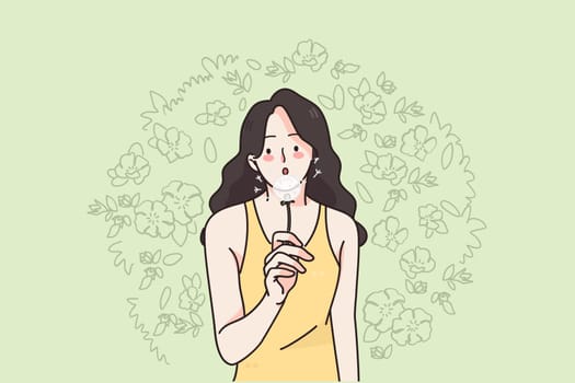 Woman and nature on summer concept. Young positive female cartoon character in summer clothes standing and blowing dandelion flower in park vector illustration