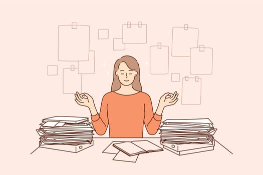 Harmony, peace, successful time management concept. Young business woman cartoon character sitting meditating and feeling confident about making many business duties and tasks vector illustration