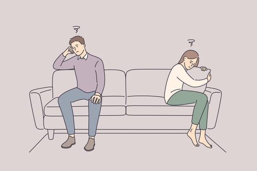 Problems in communication and fight concept. Sad unhappy Husband and wife cartoon characters sitting on couch and keeping silence after quarrel at home vector illustration