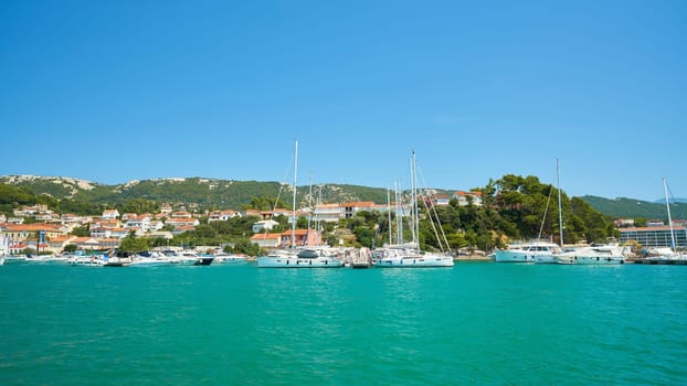 View of the port of the island of Rab with the town of the same name on the Adriatic Sea in Croatia